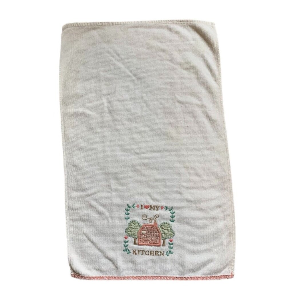 Vtg Embroidered Appliqué Cotton Kitchen Dish Towel "I Love My Kitchen" Set of 2
